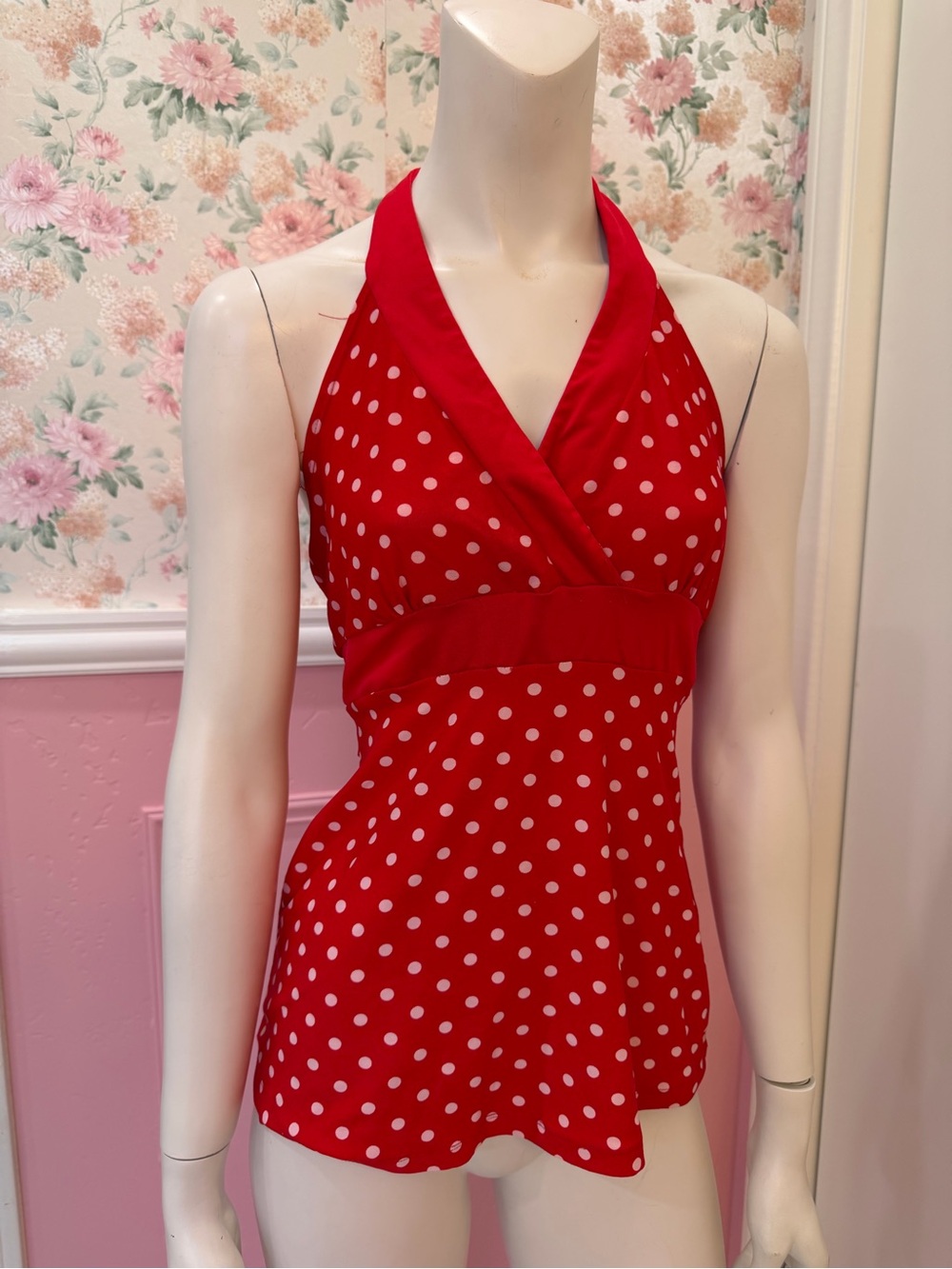 Y2K Red Halter Tankini Top with White Polka Dots